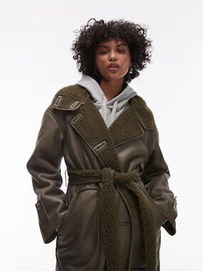 Topshop oversized faux leather shearling olive green trench coat - S/M